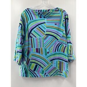 Fresh Produce Women’s 3/4 Sleeve Cotton Boat Neck Abstract Print Tee Blue Size M